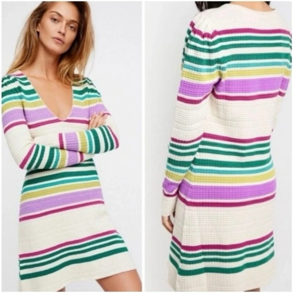 Free People Wide Eyed Striped Waffle Knit Mini Dress Multi Color Boho Size S